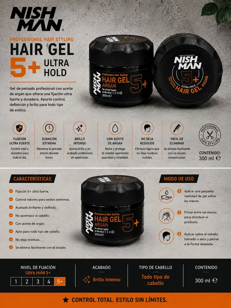 Ficha técnica de Nish Man Hair Gel Argan 5+
