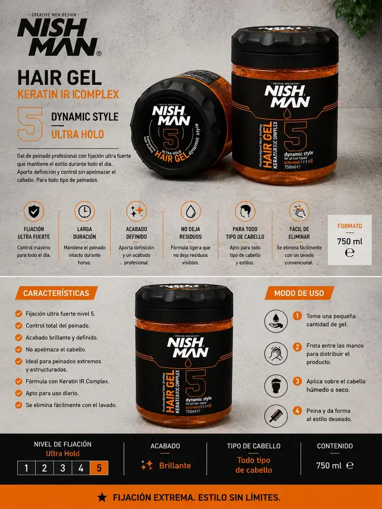 Ficha técnica de Nish Man Hair Gel Keratin Complex 5